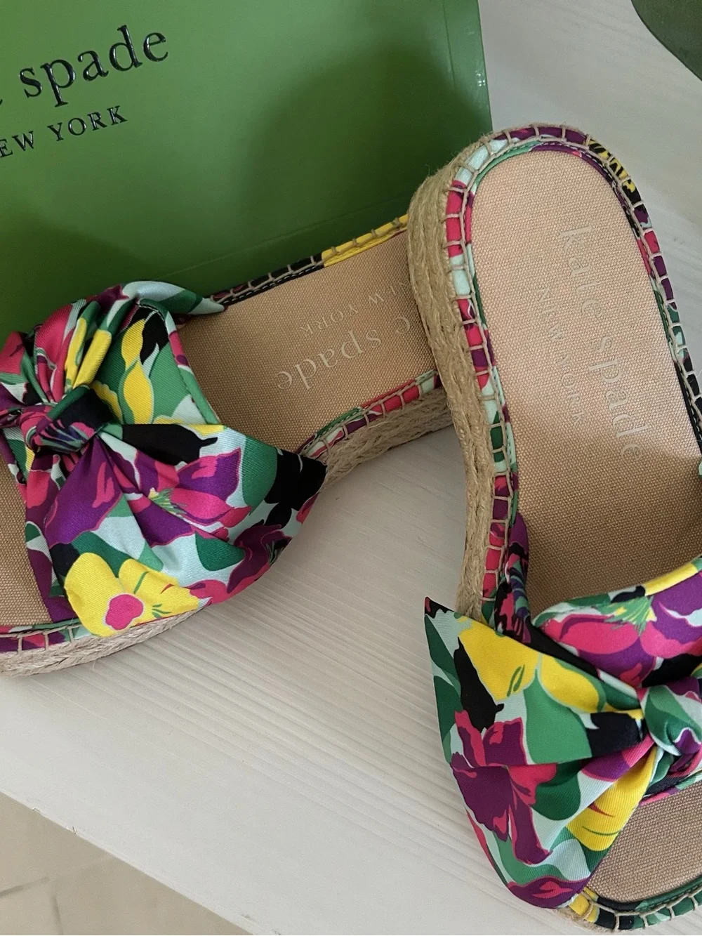 kate spade Multicolor Floral Knot Espadrille Slide - Pink, Yellow, Green, Black